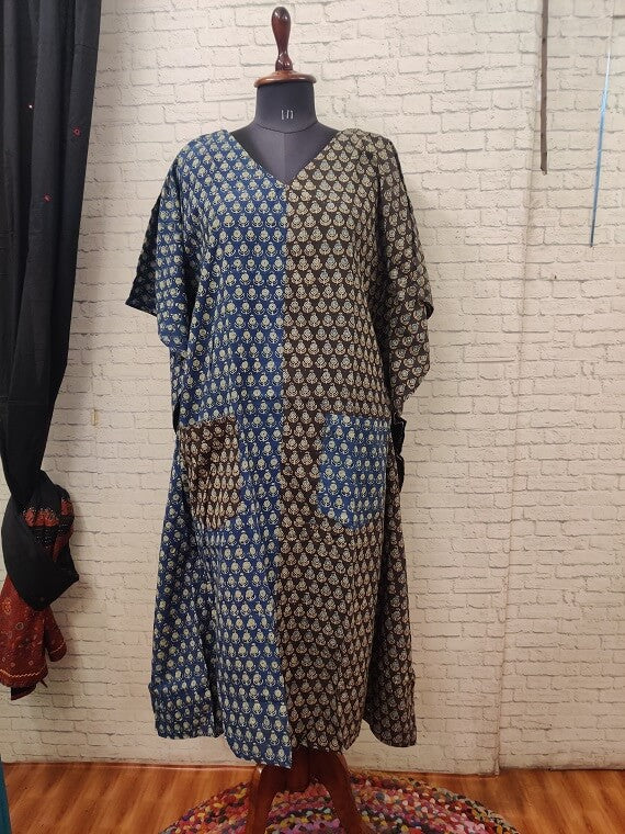 Blue Brown Ajrakh Hand Block Printed Half Half Kaftan