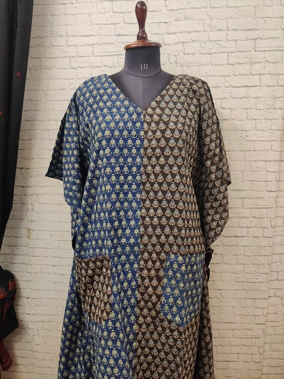 Blue Brown Ajrakh Hand Block Printed Half Half Kaftan