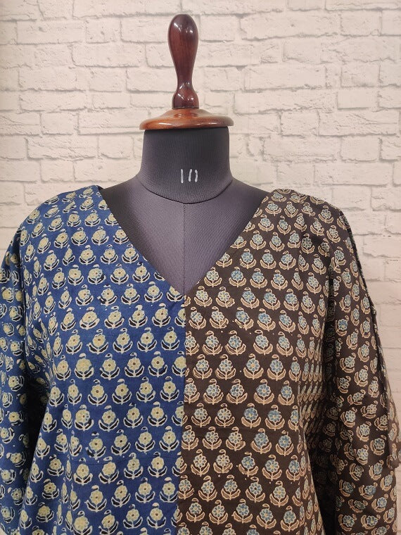 Blue Brown Ajrakh Hand Block Printed Half Half Kaftan