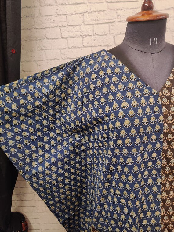 Blue Brown Ajrakh Hand Block Printed Half Half Kaftan