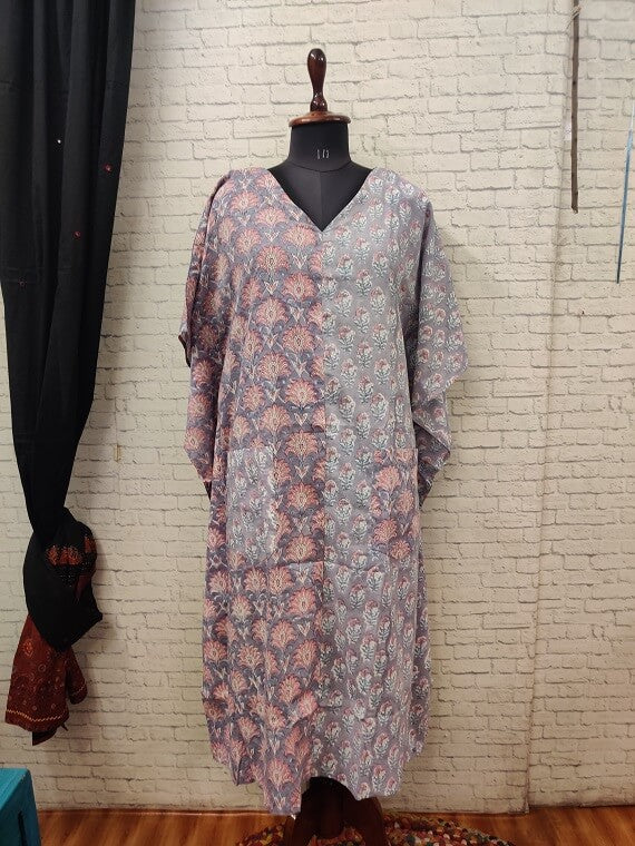 Grey Pink Hand Block Printed Half Half Kaftan