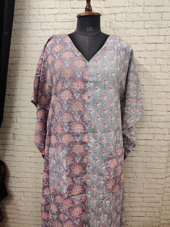 Grey Pink Hand Block Printed Half Half Kaftan
