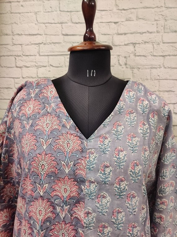 Grey Pink Hand Block Printed Half Half Kaftan