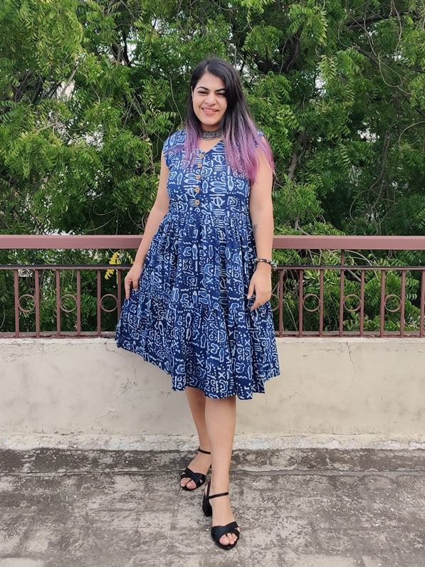 Indigo Doodle Hand Block Sleeveless Tiered Dress