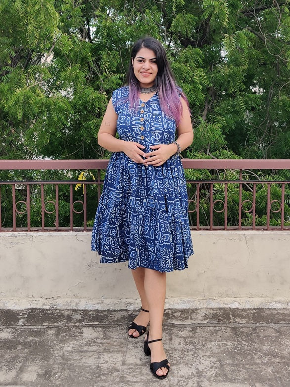 Indigo Doodle Hand Block Sleeveless Tiered Dress