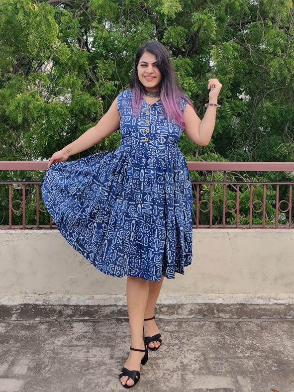 Indigo Doodle Hand Block Sleeveless Tiered Dress
