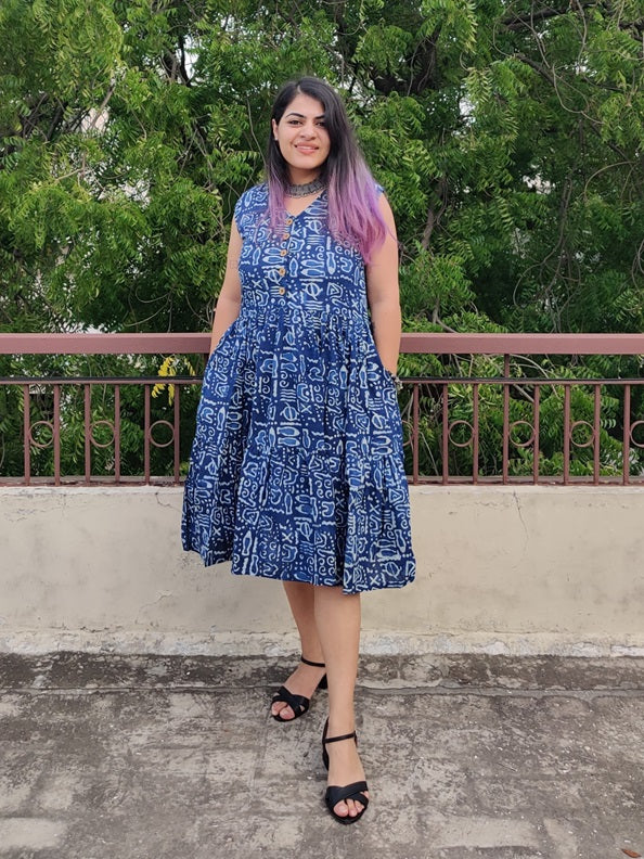 Indigo Doodle Hand Block Sleeveless Tiered Dress