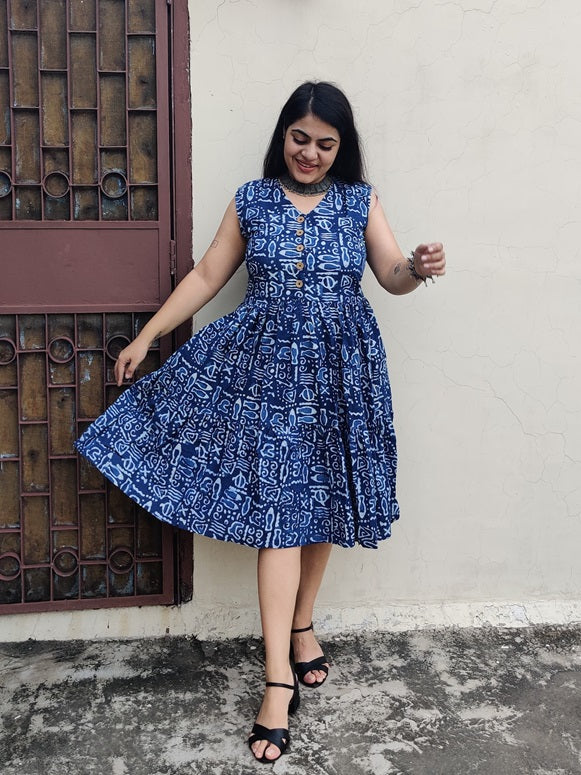 Indigo Doodle Hand Block Sleeveless Tiered Dress
