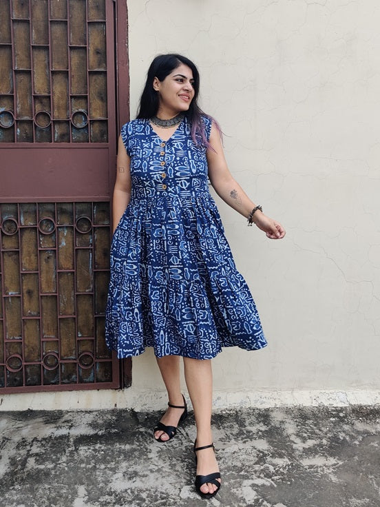 Indigo Doodle Hand Block Sleeveless Tiered Dress