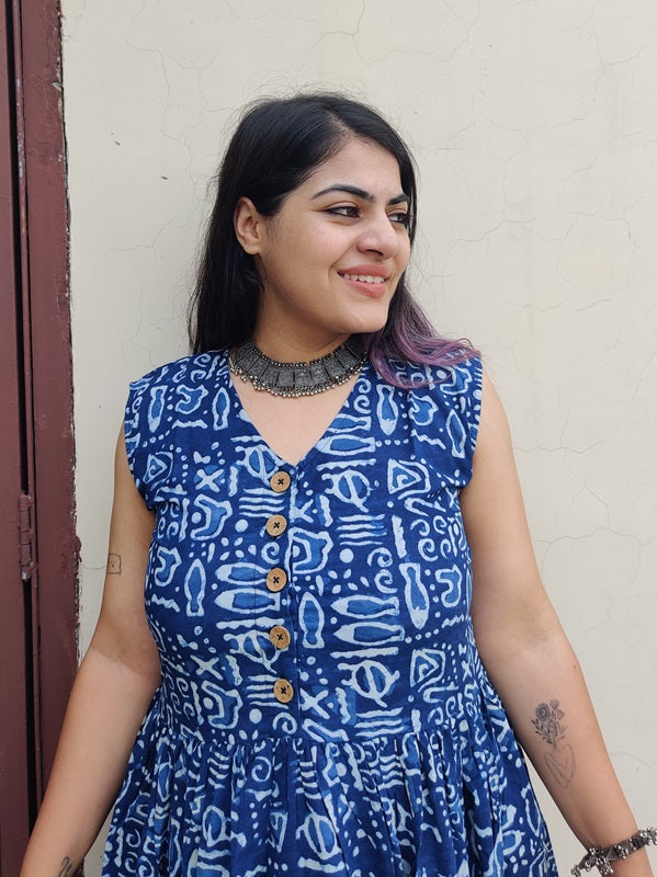 Indigo Doodle Hand Block Sleeveless Tiered Dress