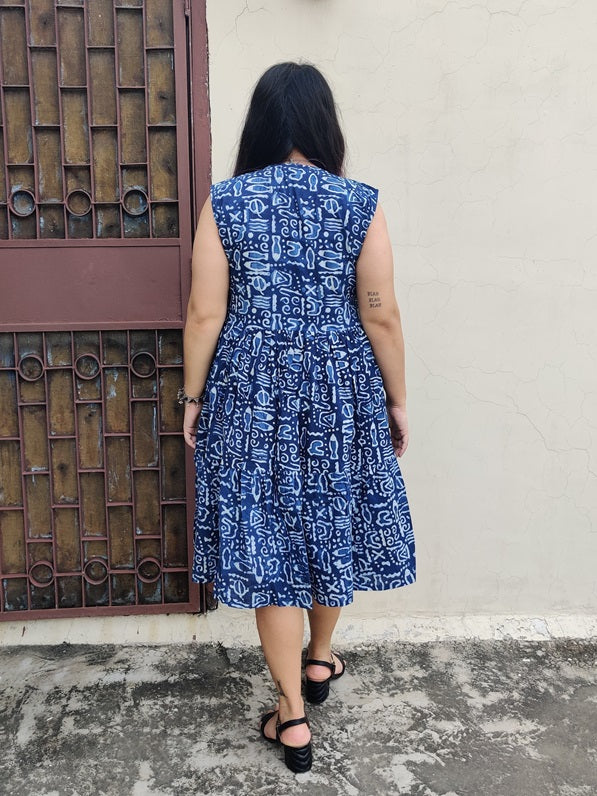 Indigo Doodle Hand Block Sleeveless Tiered Dress
