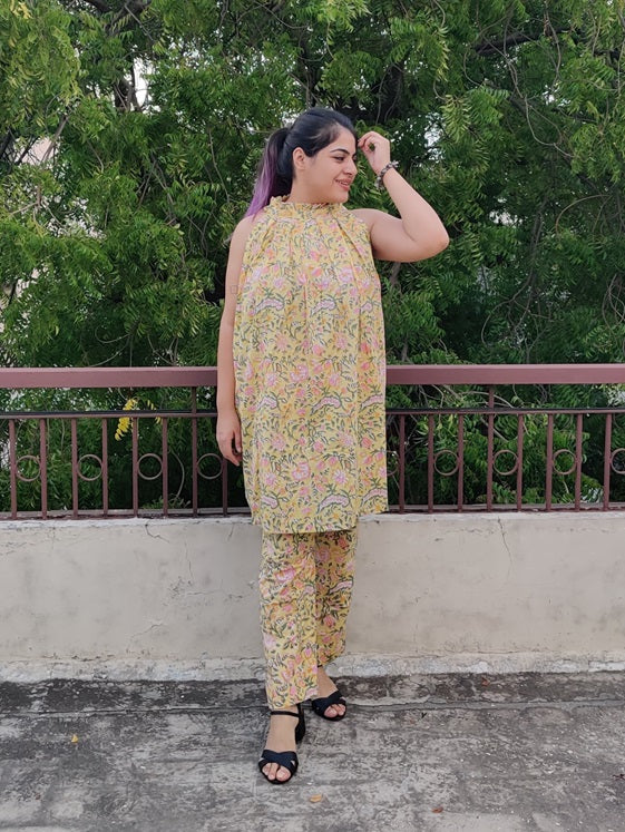 Yellow Floral Hand Block Printed Halter Neck Coordinated Set