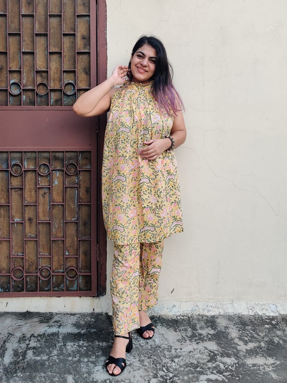 Yellow Floral Hand Block Printed Halter Neck Coordinated Set