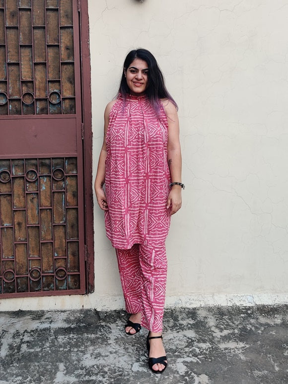Pink Dabu Hand Block Printed Halter Neck Coordinated Set