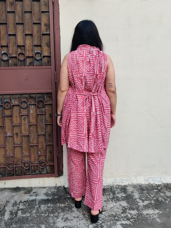 Pink Dabu Hand Block Printed Halter Neck Coordinated Set