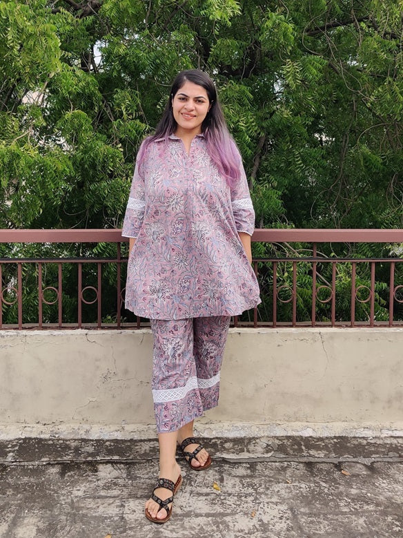 Lavender Hand Block Printed Comfort Fit Coordinated Set with Lace Detailing