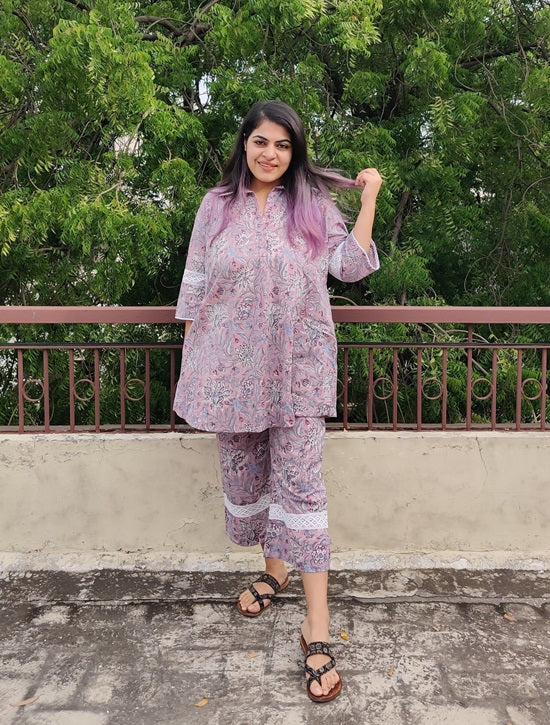 Lavender Hand Block Printed Comfort Fit Coordinated Set with Lace Detailing