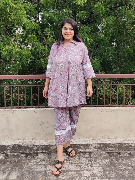 Lavender Hand Block Printed Comfort Fit Coordinated Set with Lace Detailing