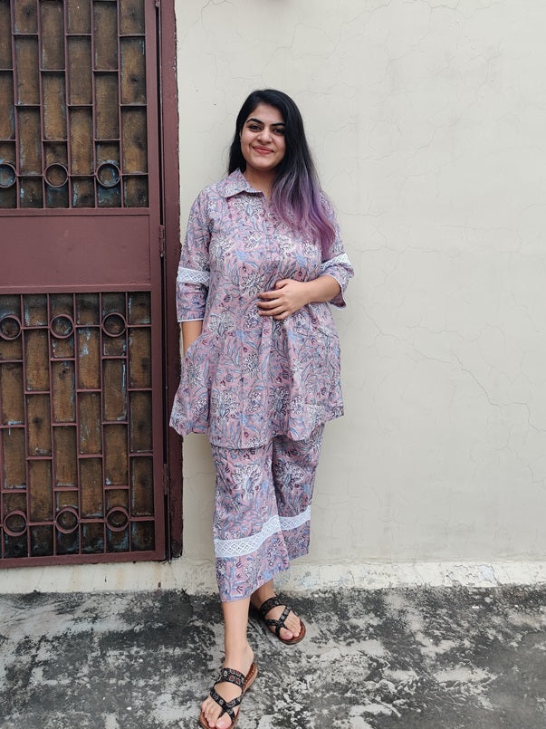 Lavender Hand Block Printed Comfort Fit Coordinated Set with Lace Detailing