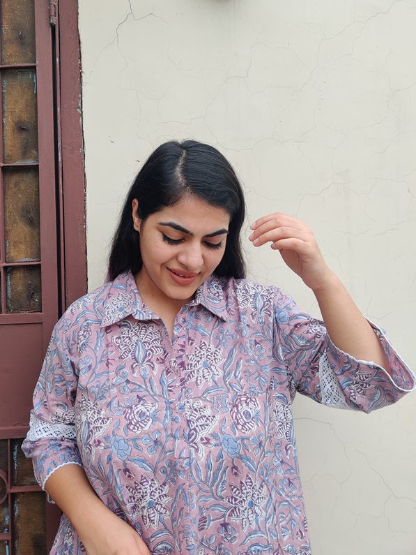 Lavender Hand Block Printed Comfort Fit Coordinated Set with Lace Detailing