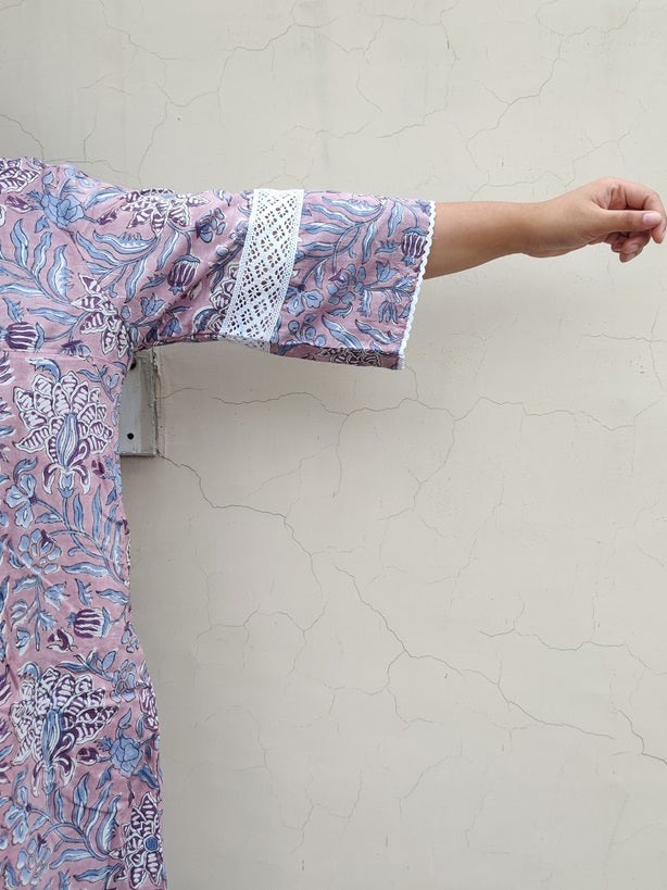 Lavender Hand Block Printed Comfort Fit Coordinated Set with Lace Detailing
