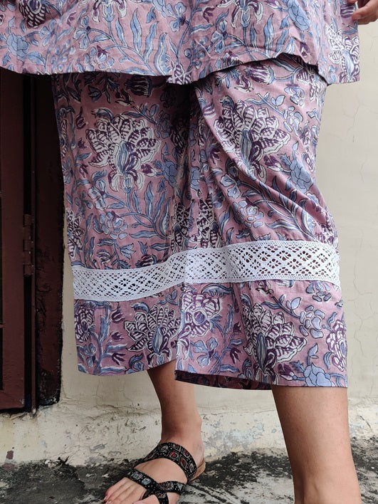 Lavender Hand Block Printed Comfort Fit Coordinated Set with Lace Detailing