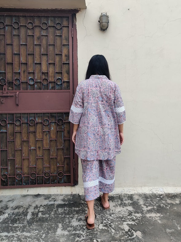 Lavender Hand Block Printed Comfort Fit Coordinated Set with Lace Detailing