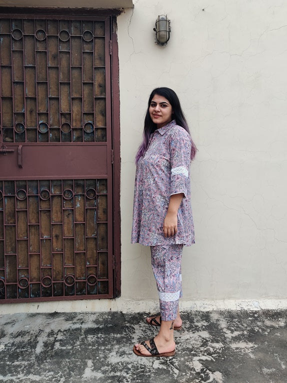 Lavender Hand Block Printed Comfort Fit Coordinated Set with Lace Detailing