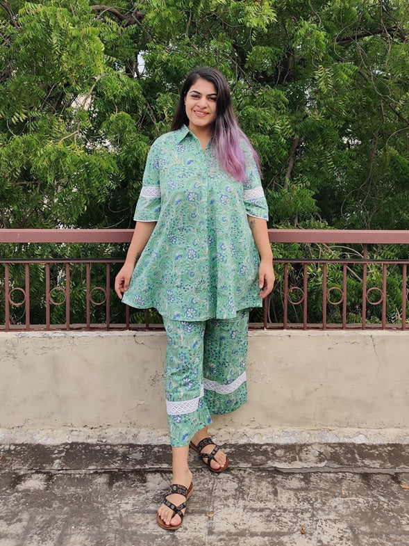 Green Blue Hand Block Printed Comfort Fit Coordinated Set with Lace Detailing