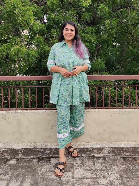 Green Blue Hand Block Printed Comfort Fit Coordinated Set with Lace Detailing