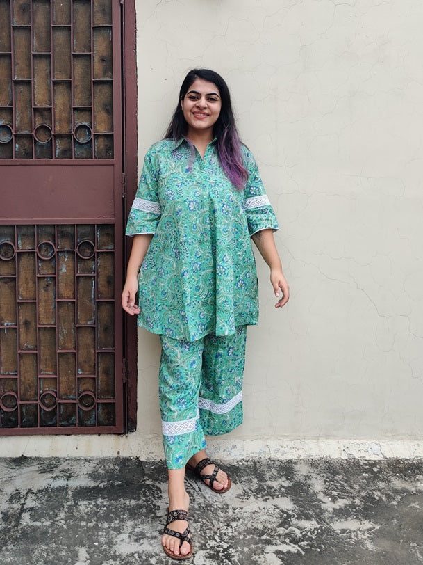 Green Blue Hand Block Printed Comfort Fit Coordinated Set with Lace Detailing