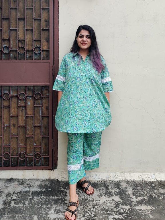 Green Blue Hand Block Printed Comfort Fit Coordinated Set with Lace Detailing