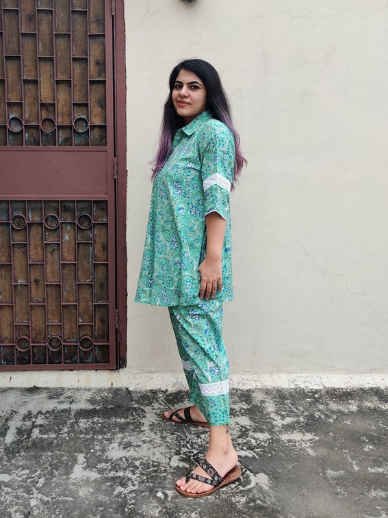 Green Blue Hand Block Printed Comfort Fit Coordinated Set with Lace Detailing