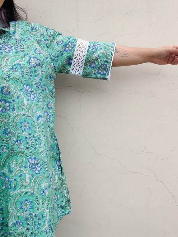 Green Blue Hand Block Printed Comfort Fit Coordinated Set with Lace Detailing