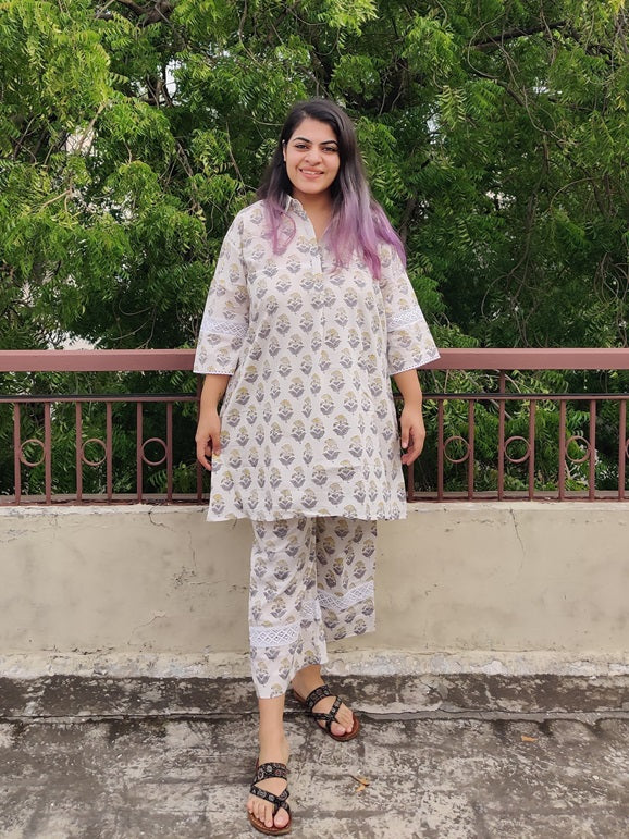 White Grey Hand Block Printed Comfort Fit Coordinated Set with Lace Detailing