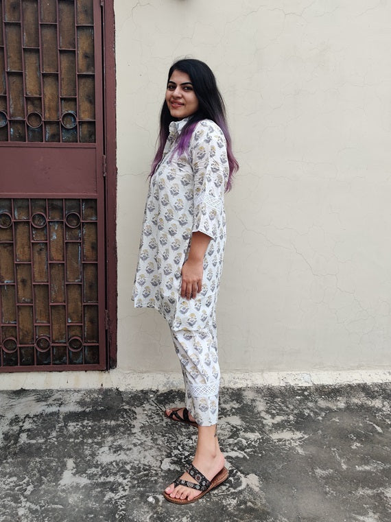 White Grey Hand Block Printed Comfort Fit Coordinated Set with Lace Detailing