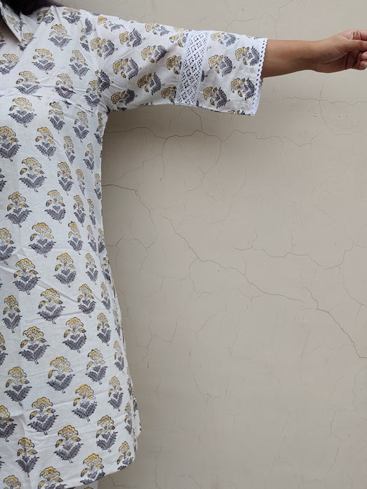 White Grey Hand Block Printed Comfort Fit Coordinated Set with Lace Detailing