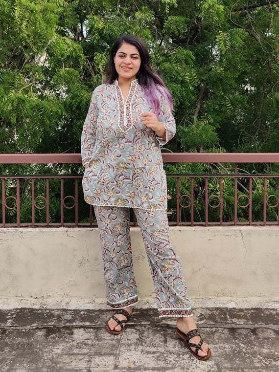 Green Red Hand Block Printed Short Kurti Coordinated Set with Lace Detailing