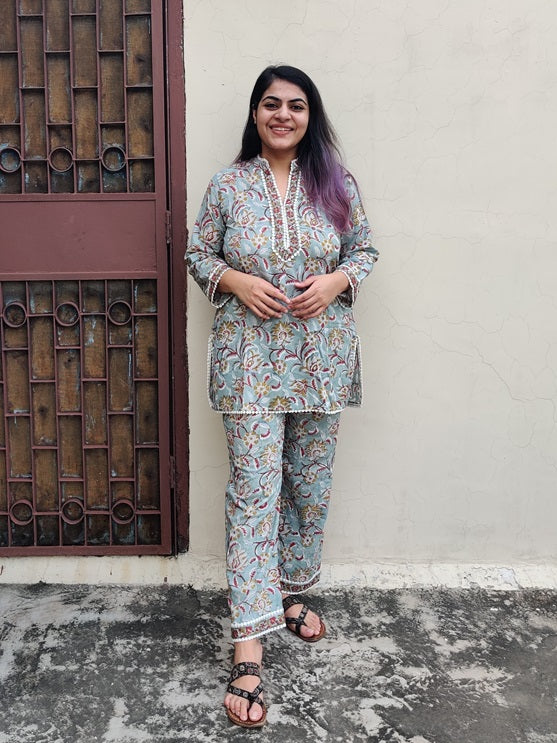 Green Red Hand Block Printed Short Kurti Coordinated Set with Lace Detailing