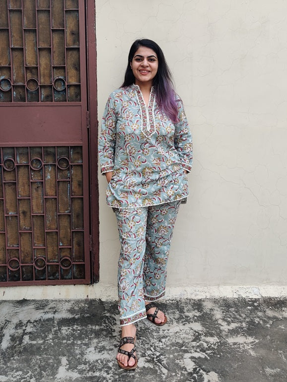Green Red Hand Block Printed Short Kurti Coordinated Set with Lace Detailing