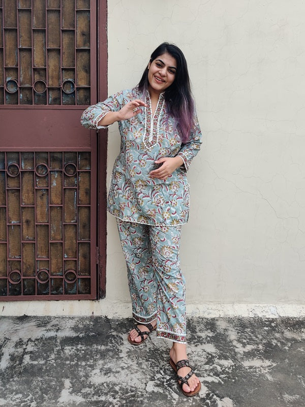 Green Red Hand Block Printed Short Kurti Coordinated Set with Lace Detailing