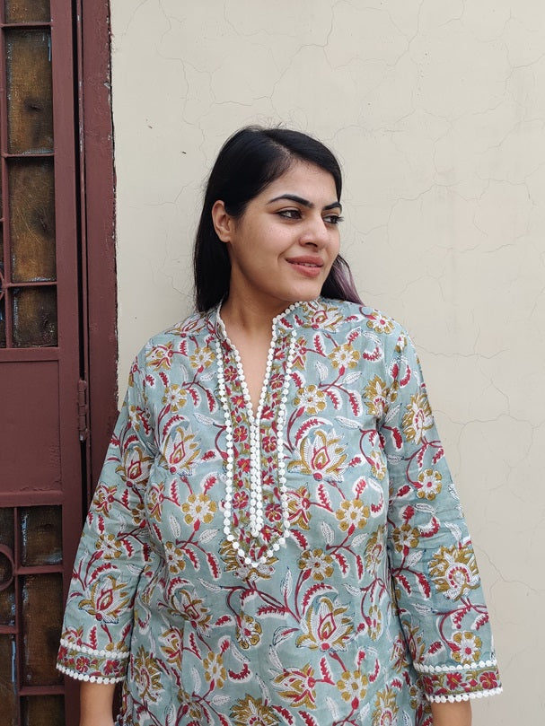 Green Red Hand Block Printed Short Kurti Coordinated Set with Lace Detailing