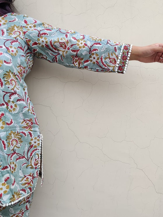 Green Red Hand Block Printed Short Kurti Coordinated Set with Lace Detailing