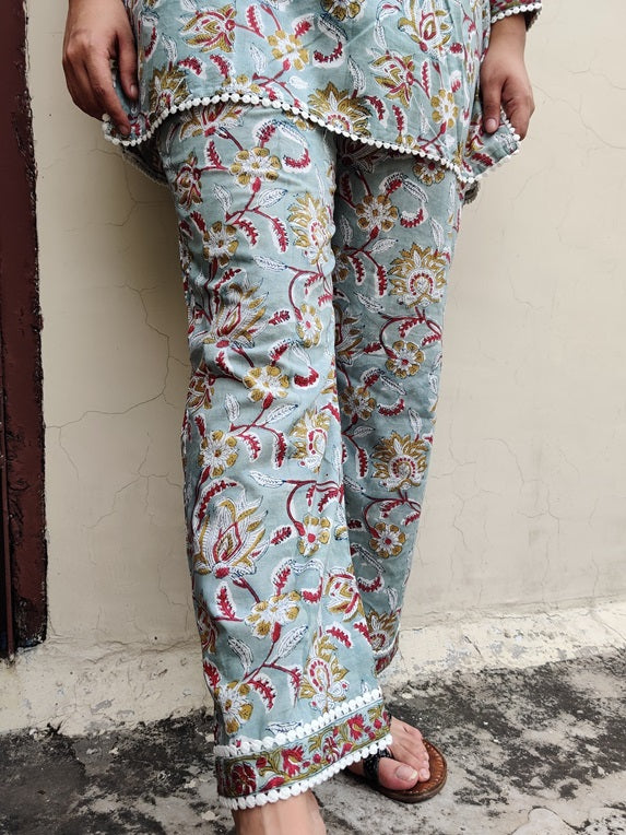 Green Red Hand Block Printed Short Kurti Coordinated Set with Lace Detailing