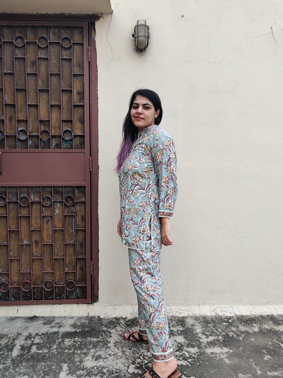 Green Red Hand Block Printed Short Kurti Coordinated Set with Lace Detailing