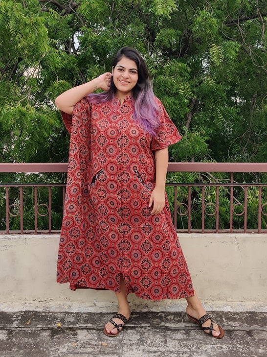 Red Ajrakh Cotton Hand Block Printed High Low Long Shirt Kaftan