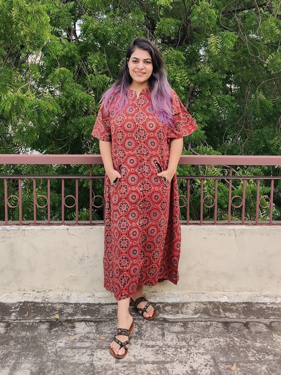 Red Ajrakh Cotton Hand Block Printed High Low Long Shirt Kaftan