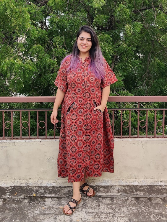 Red Ajrakh Cotton Hand Block Printed High Low Long Shirt Kaftan