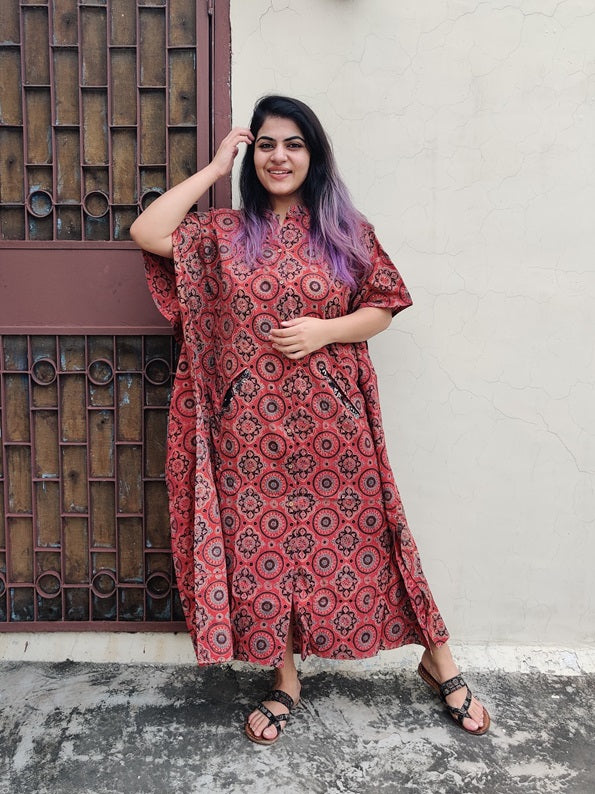 Red Ajrakh Cotton Hand Block Printed High Low Long Shirt Kaftan