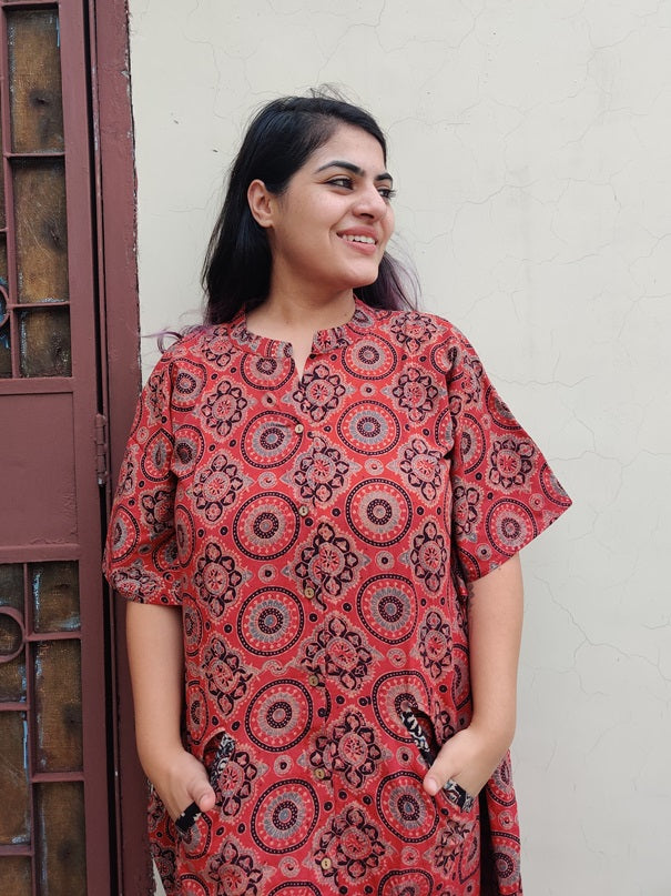 Red Ajrakh Cotton Hand Block Printed High Low Long Shirt Kaftan